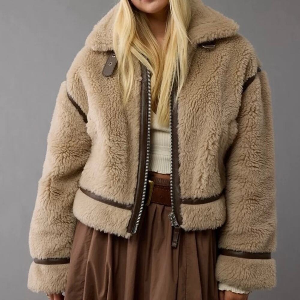 AMERICAN EAGLE AE Teddy Biker Jacket Coat Faux Fur Sherpa Faux Leather Sz Large